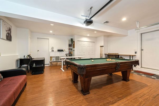 Billiard Table, Game Room, Interior, Recessed Lighting, Wood Texture Flooring
