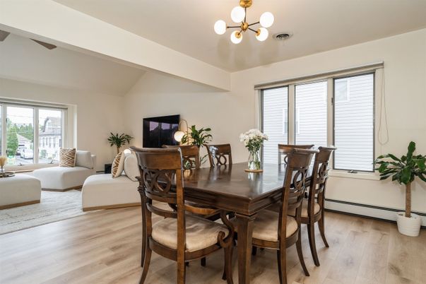 Dining room, Interior, Living room, Pendant Lights, Wood Texture Flooring