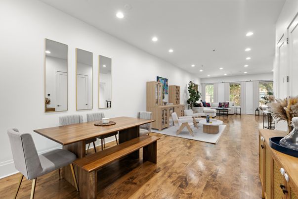 Dining room, Interior, Living room, Recessed Lighting, Wood Texture Flooring