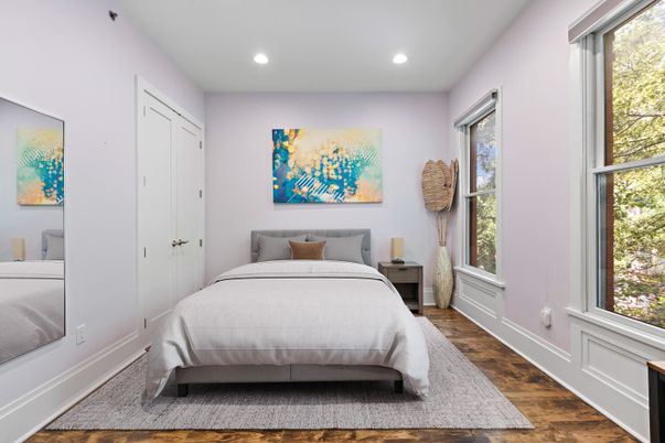 Bedroom, Interior, Recessed Lighting, Wood Texture Flooring