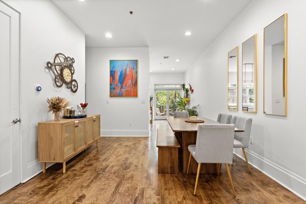 Dining room, Interior, Recessed Lighting, Wood Texture Flooring