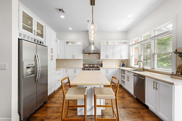 Interior, Kitchen, Pendant Lights, Recessed Lighting, Stainless Steel Appliances, Wood Texture Flooring