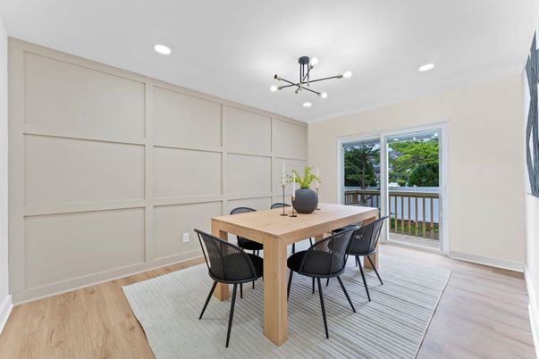 Dining room, Interior, Pendant Lights, Recessed Lighting, Wood Texture Flooring