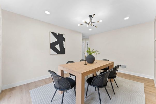 Dining room, Interior, Pendant Lights, Recessed Lighting, Wood Texture Flooring