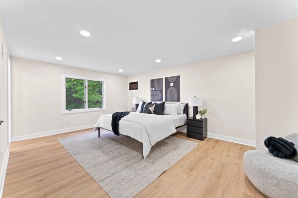 Bedroom, Interior, Recessed Lighting, Wood Texture Flooring