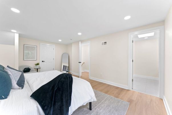 Bedroom, Interior, Recessed Lighting, Wood Texture Flooring
