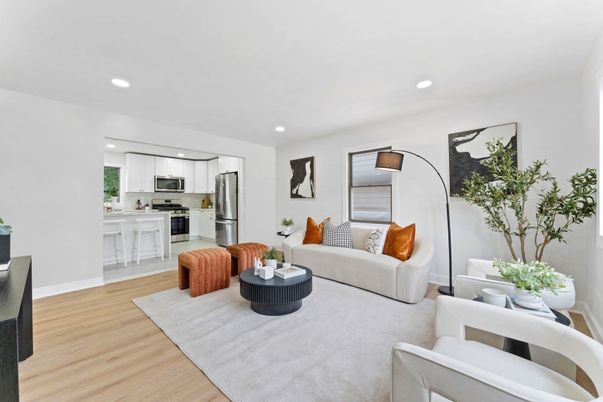 Interior, Kitchen, Living room, Recessed Lighting, Stainless Steel Appliances, Wood Texture Flooring