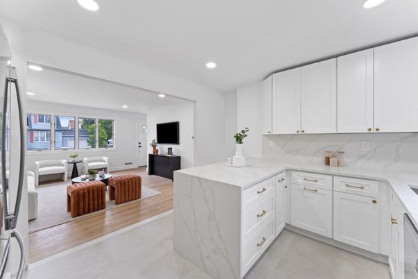 Interior, Kitchen, Marble Walls, Recessed Lighting, Wood Texture Flooring