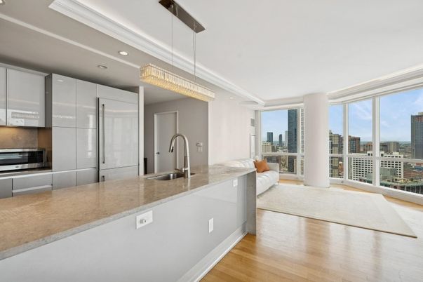 Chandelier, Interior, Kitchen, Pendant Lights, Recessed Lighting, Stainless Steel Appliances, Wood Texture Flooring