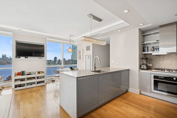 Interior, Kitchen, Pendant Lights, Recessed Lighting, Stainless Steel Appliances, Water, Wood Texture Flooring