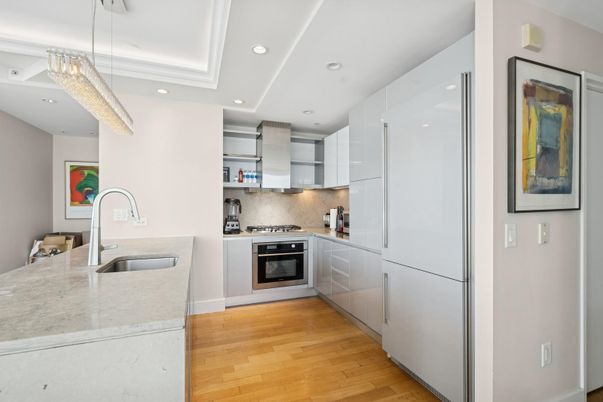 Chandelier, Interior, Kitchen, Recessed Lighting, Stainless Steel Appliances, Wood Texture Flooring