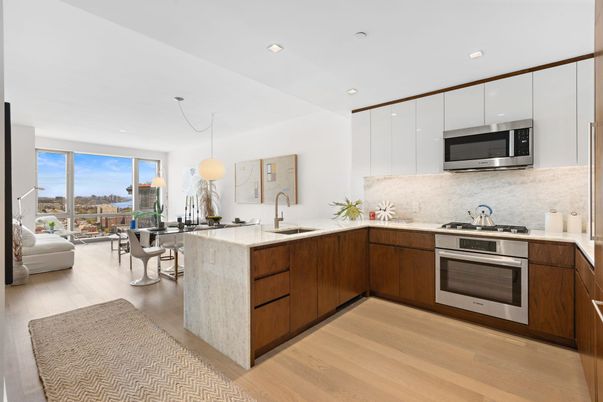 Dining room, Interior, Kitchen, Living room, Pendant Lights, Recessed Lighting, Stainless Steel Appliances, Wood Texture Flooring