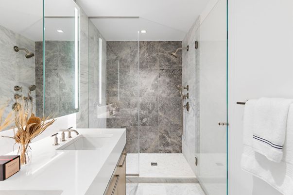Bathroom, Glass Shower, Interior, Marble, Marble Walls, Recessed Lighting