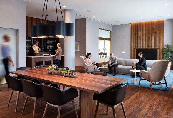 Dining room, Fireplace, Interior, Living room, Pendant Lights, Recessed Lighting, Wood Texture Flooring