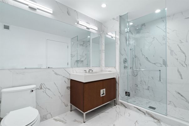 Bathroom, Glass Shower, Interior, Marble, Marble Walls, Recessed Lighting
