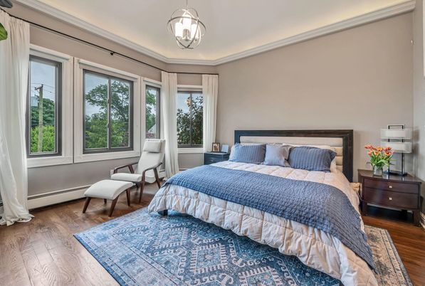 Bedroom, Interior, Pendant Lights, Wood Texture Flooring