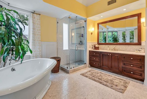 Bathroom, Free Standing Baths, Glass Shower, Interior, Recessed Lighting