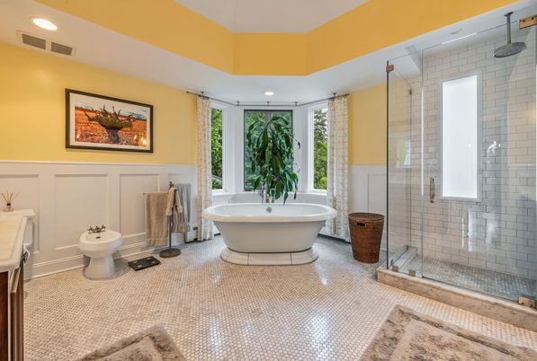 Bathroom, Free Standing Baths, Glass Shower, Interior, Recessed Lighting