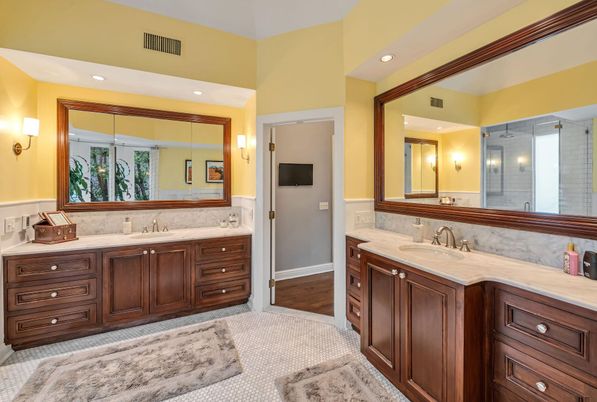 Bathroom, Dual Sink Vanities, Interior, Recessed Lighting, Wood Texture Flooring