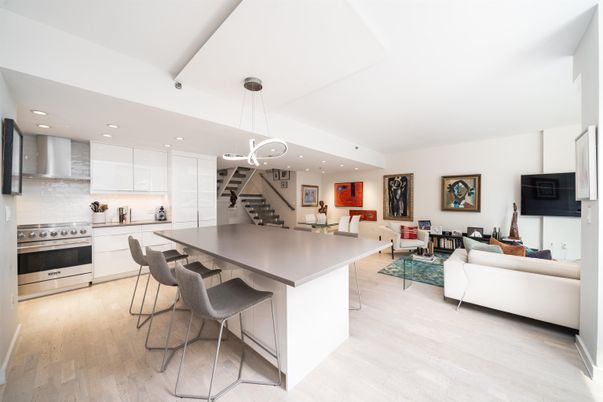 Dining room, Interior, Kitchen, Living room, Pendant Lights, Recessed Lighting, Stainless Steel Appliances, Wood Texture Flooring