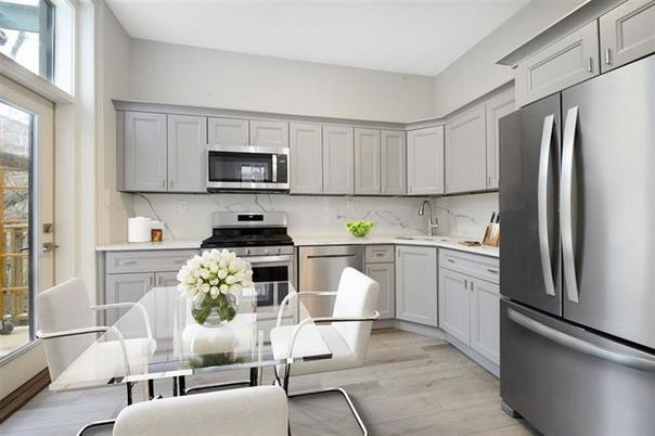 Dining room, Interior, Kitchen, Marble Walls, Stainless Steel Appliances, Wood Texture Flooring