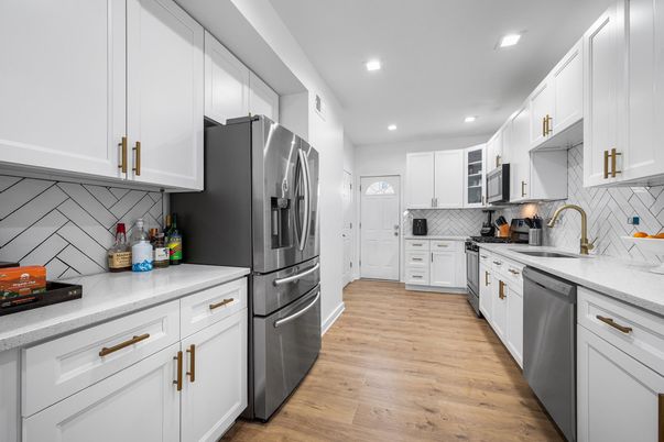 Interior, Kitchen, Recessed Lighting, Stainless Steel Appliances, Wood Texture Flooring