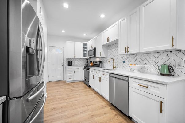 Interior, Kitchen, Recessed Lighting, Stainless Steel Appliances, Wood Texture Flooring