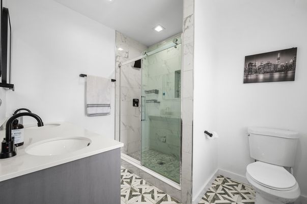 Bathroom, Glass Shower, Interior, Marble Walls, Recessed Lighting