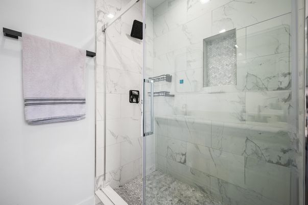 Bathroom, Glass Shower, Interior, Marble Walls