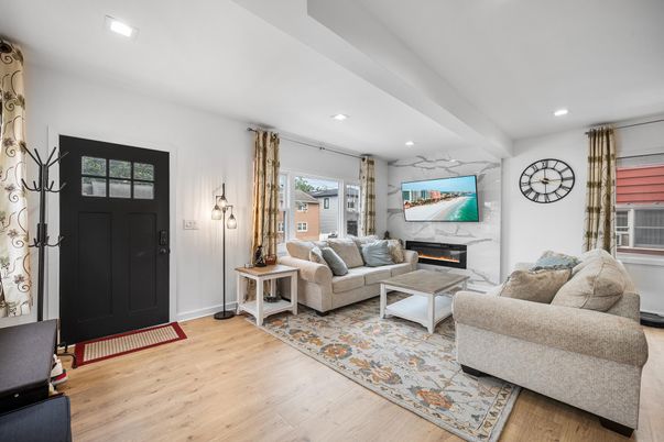 Fireplace, Interior, Living room, Recessed Lighting, Wood Texture Flooring