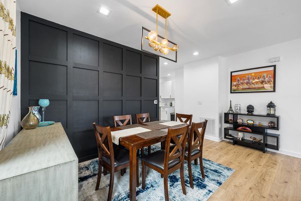 Dining room, Interior, Pendant Lights, Recessed Lighting, Wood Texture Flooring