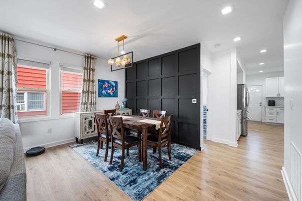 Dining room, Interior, Recessed Lighting, Wood Texture Flooring