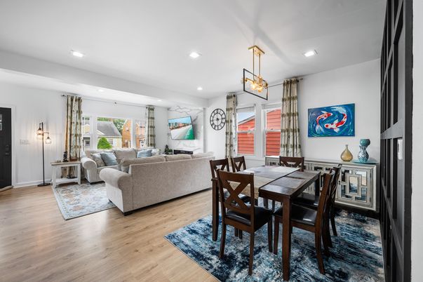 Dining room, Interior, Living room, Pendant Lights, Recessed Lighting, Wood Texture Flooring