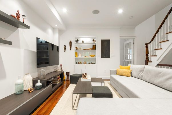 Fireplace, Interior, Living room, Recessed Lighting, Wood Texture Flooring