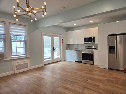 Interior, Kitchen, Pendant Lights, Recessed Lighting, Stainless Steel Appliances, Wood Texture Flooring