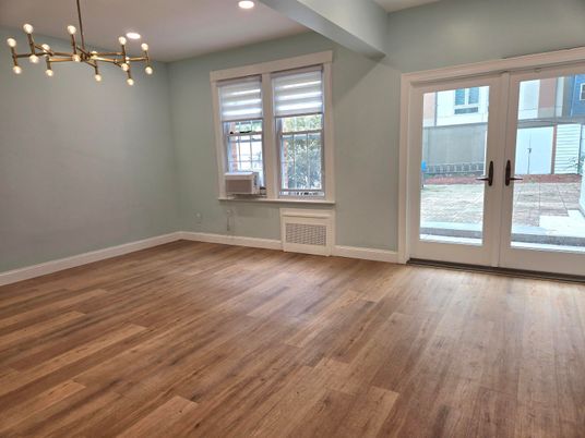 Empty room, Interior, Pendant Lights, Recessed Lighting, Wood Texture Flooring