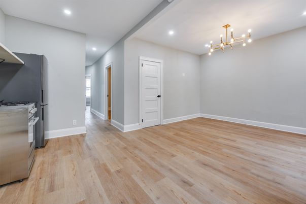 Empty room, Interior, Pendant Lights, Recessed Lighting, Wood Texture Flooring