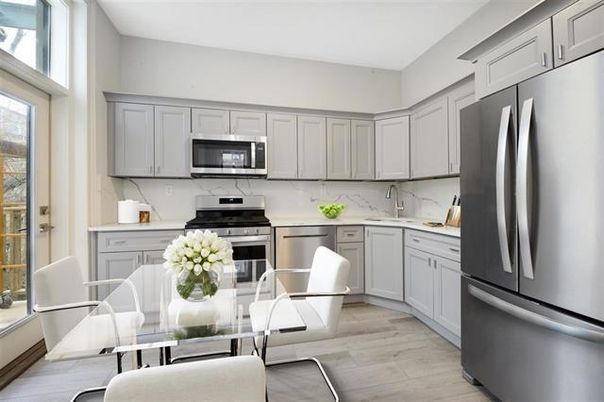 Dining room, Interior, Kitchen, Marble Walls, Stainless Steel Appliances, Wood Texture Flooring