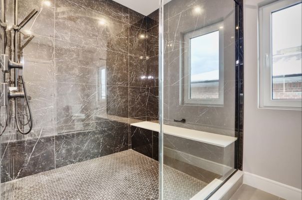 Bathroom, Glass Shower, Interior, Marble Walls, Recessed Lighting