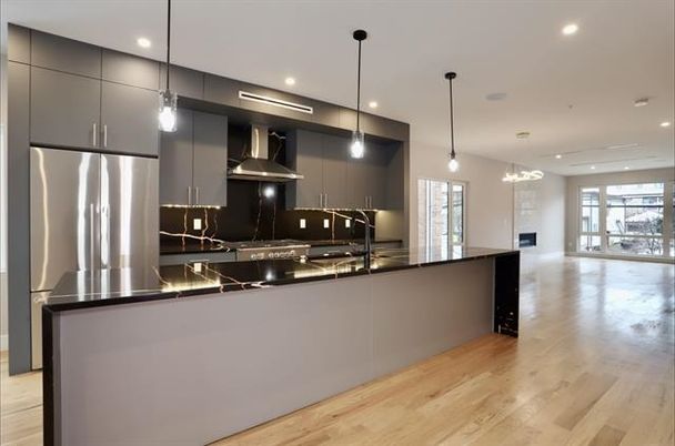 Interior, Kitchen, Pendant Lights, Recessed Lighting, Stainless Steel Appliances, Wood Texture Flooring
