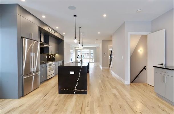Interior, Kitchen, Pendant Lights, Recessed Lighting, Stainless Steel Appliances, Wood Texture Flooring