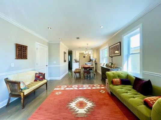 Chandelier, Dining room, Interior, Living room, Recessed Lighting, Wood Texture Flooring