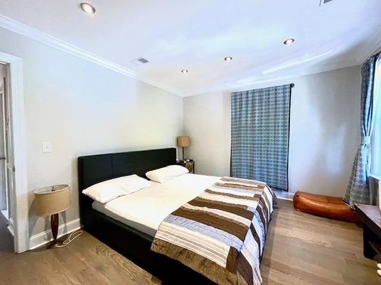 Bedroom, Interior, Recessed Lighting, Wood Texture Flooring