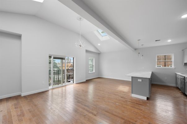 Chandelier, Empty room, Interior, Recessed Lighting, Wood Texture Flooring