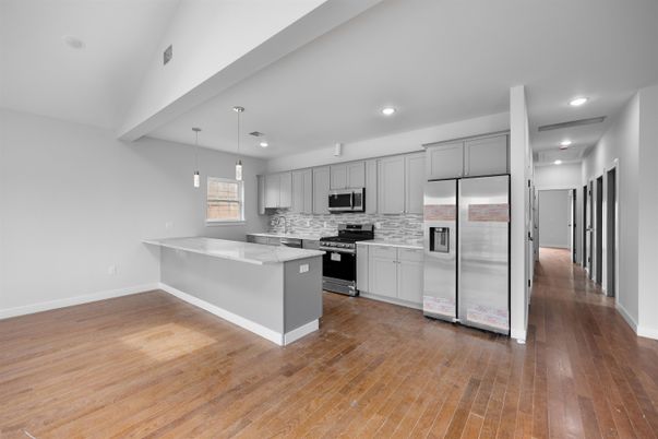 Interior, Kitchen, Recessed Lighting, Stainless Steel Appliances, Wood Texture Flooring