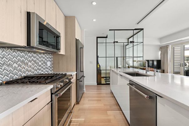 Interior, Kitchen, Recessed Lighting, Stainless Steel Appliances, Wood Texture Flooring