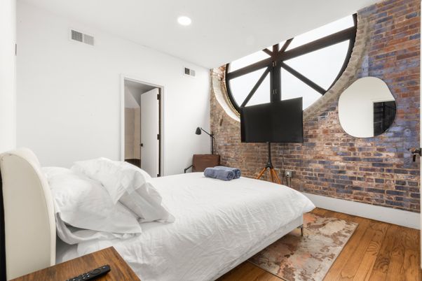 Bedroom, Interior, Recessed Lighting, Stone Walls, Wood Texture Flooring
