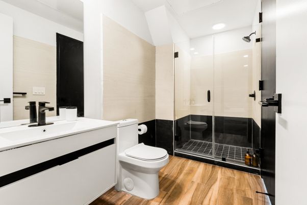 Bathroom, Glass Shower, Interior, Recessed Lighting, Wood Texture Flooring