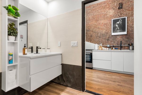 Bathroom, Interior, Kitchen, Stone Walls, Wood Texture Flooring