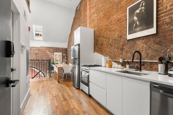 Dining room, Interior, Kitchen, Stainless Steel Appliances, Stone Walls, Wood Texture Flooring